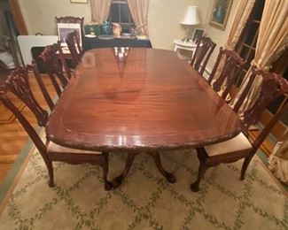 10 CHIPPENDALE SIDE CHAIRS
CUSTOM MADE REPRODUCTION TABLE(82" X 54" HAS 3-19"LEAVES AND EXTENDS TO 139" OR 11"7!)
