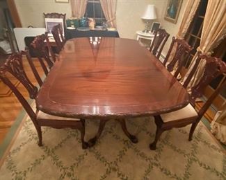  10 CHIPPENDALE SIDE CHAIRS                                                                                   
CUSTOM MADE REPRODUCTION TABLE(82" X 54" HAS 3-19"LEAVES AND EXTENDS TO 139"  OR 11"7!)                                                                                     
