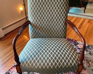 2 OF THESE STURDY AND STUNNING "HICKORY CHAIR" CHAIRS. NEUTRAL GREEN AND BEIGE UPHOLSTERY