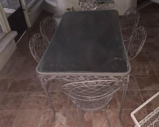$375~OBO~METAL AND TEMPERED GLASS PATIO TABLE WITH 6 MATCHING CHAIRS