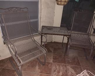 $250 METAL BOUNCER PATIO CHAIR TRIO WITH TABLE AND 2 CHAIRS