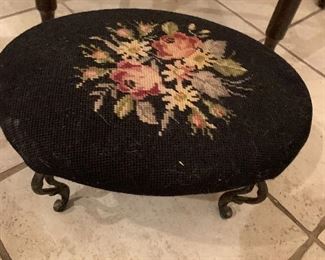 $85 BLACK FLORAL NEEDLEPOINT FABRIC AND METAL CASSOCK/FOOTREST