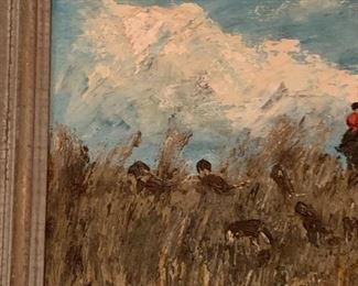 $325 ROSEMARY PARSONS OF VIRGINIA, 1960S-70S, 24X20" HUNTING IN TALL GRASS SCENE        ORIGINAL OWNER