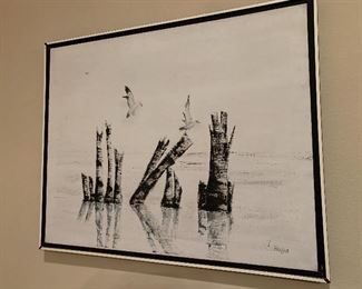 $350 IMOGENE HODGE OF VIRGINIA  BLACK AND WHITE SEAGULL SCENE OIL PAINTING GULF COAST ORIGINAL OWNER 31"X25"