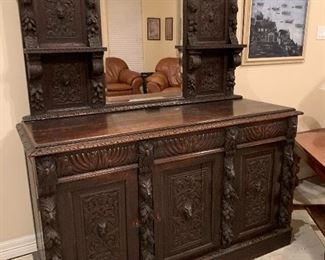$1250  ~ OBO ~Magnificent hand-carved German tiger oak antique step back cupboard  58x35x20