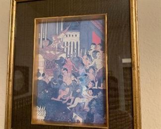 $225 ASIAN WRESTLING SCENE 8X10" SMALL CRACK ON LEFT CORNER GLASS 