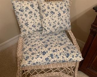 $65 WHITE WICKER SIDE CHAIR WITH CUSHIONS