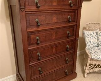 $875~ WOW! GORGEOUS SIX DRAWER HIGHBOY CHEST WITH SIDE FLIP SIDE LOCKING MECHANISM AND ORNATE GALLERY