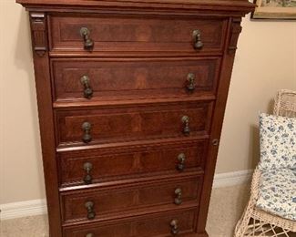 $875~ WOW! GORGEOUS SIX DRAWER HIGHBOY CHEST WITH SIDE FLIP SIDE LOCKING MECHANISM AND ORNATE GALLERY ~ 58ht x 35w x 20d
