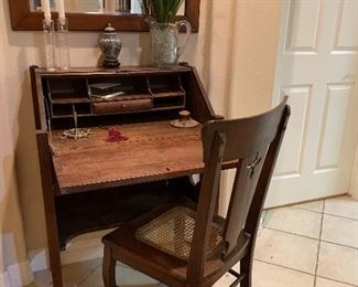 $280 DROP FRONT SOLID WOOD DESK WITH CANE BOTTOMED CHAIR 39X28X16