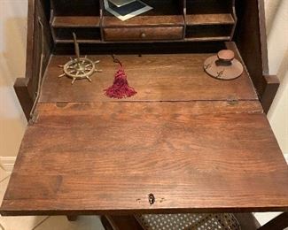 $280 DROP FRONT SOLID WOOD DESK WITH CANE BOTTOMED CHAIR 39X28X16