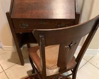 $280 DROP FRONT SOLID WOOD DESK WITH CANE BOTTOMED CHAIR 39X28X16
