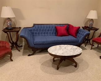 $550 BLUE CLAW FOOT SOFA 32X85X36