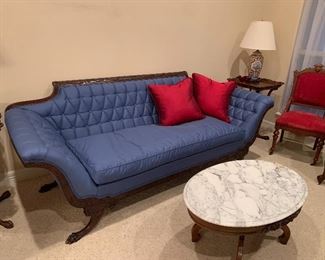 $550 BLUE CLAW FOOT SOFA 32X85X36
