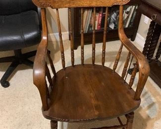 $150 SOLID WOOD SPINDLE PRESSED BACK OAK CAPTAIN'S CHAIR (2 AVAILABLE)