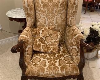 $225 QUEEN ANNE HIGH BACK CLAW FOOTED CHAIR GOLD AND CREAM FLOCKED CHAIR