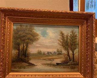$165 LANDSCAPE OIL PAINTING OF POND AND HOMESTEAD
