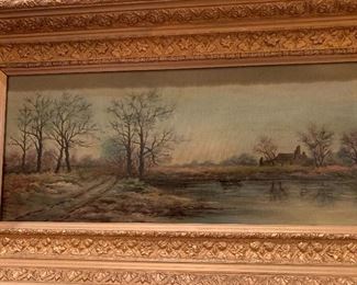$165 COUNTRY LANDSCAPE OIL IN ANTIQUE FRAME