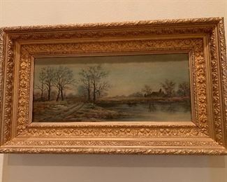 $165 COUNTRY LANDSCAPE OIL IN ANTIQUE FRAME