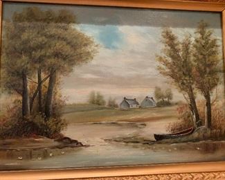 $165 LANDSCAPE OIL PAINTING OF POND AND HOMESTEAD
