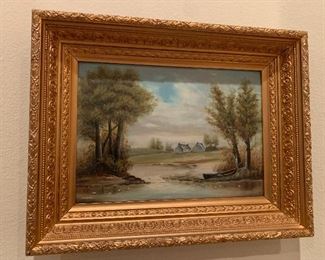 $165 LANDSCAPE OIL PAINTING OF POND AND HOMESTEAD
