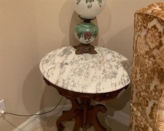 $375 MARBLE TOPPED ROSE MOTIF END TABLE  28X22