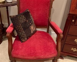 $200 RED VELVET CARVED WOOD CAPTAIN'S CHAIR