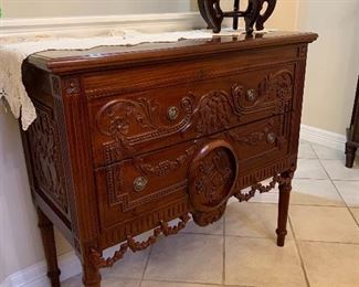 $350 INDONESIAN MAHOGANY HANDCARVED CHEST 38X41X18.5