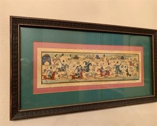 $160 MIDDLE EASTERN SILK PAINTING POLO SCENE 21X11.5"