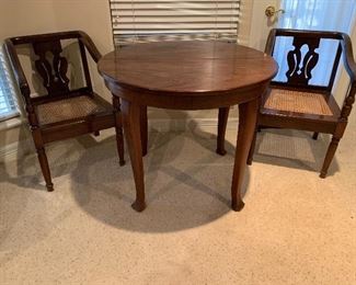 $200 SOLID WOOD SIDE OR OCCASIONAL TABLE WITH 2 CANE BOTTOMED SIDE CHAIRS WITH ARMS AT $200 EACH