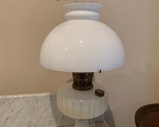 $100 MILK GLASS OIL LAMP 21"
