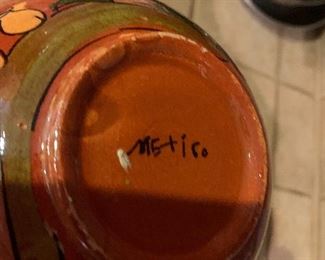 $80 SET OF FIVE HAND PAINTED ANTIQUE MEXICAN TERRA COTTA  MIXING BOWLS 