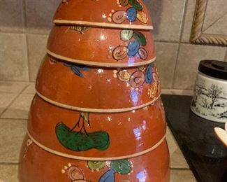 $80 SET OF FIVE HAND PAINTED ANTIQUE MEXICAN TERRA COTTA  MIXING BOWLS 