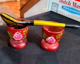 Wooden hand painted Egg bowls and hand painted Russian egg spoon