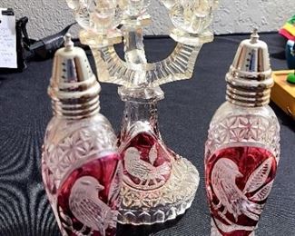 Vintage unique clear and red Crystal salt/pepper shakers and 3 arm candle holder. 