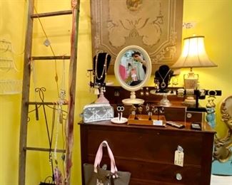 Antique dresser, lamp, mirror, painting and jewelry