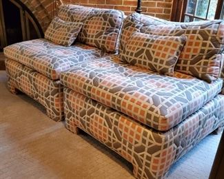 Square chairs in peach and gray - 27" tall x 32" wide x 35" deep with a seat depth of 19"