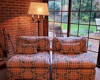 Square chairs in peach and gray - 27" tall x 32" wide x 35" deep with a seat depth of 19"