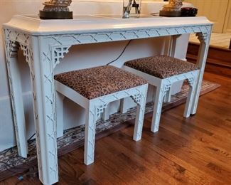 White console table with matching footstools - table is 32" tall x 56" wide x 14" deep. Each stool is 17" tall x 18" wide x 14" deep.