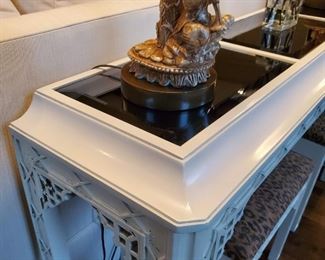 White console table with matching footstools - table is 32" tall x 56" wide x 14" deep. Each stool is 17" tall x 18" wide x 14" deep.