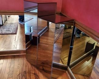 Square mirrored pedestals - both 12" square. Tall one is 36" tall and the shorter one is 30.5" tall.