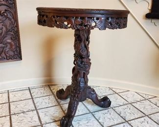 Wood carved side table - 31" tall x 24" diameter
