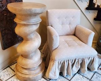 Tufted chair with ruffle skirt - 31" tall x 26" wide x 18" deep. "Twist" column - 36" tall x 16" diameter.