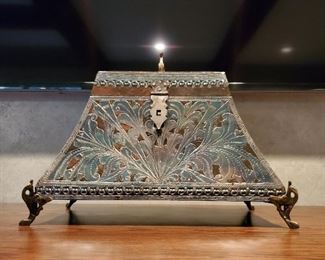 Metal footed box with peacock motif - 13" tall x 16" wide x 10" deep