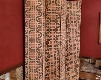 Five-panel folding screen - gray and peach fabric in a geometric design. Matches pair of chairs. 90" tall x 15"  wide panels.