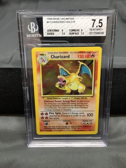 BGS Graded 1999 Pokémon Base Set Unlimited #4 CHARIZARD Holofoil Rare Trading Card - NM+ 7.5