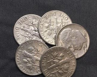 5 Count Lot of United States 90% SILVER Roosevelt Dimes from Estate Collection