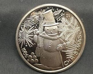 1986 Christmas Snowman Style 1 Ounce .999 Fine Silver Bullion Round