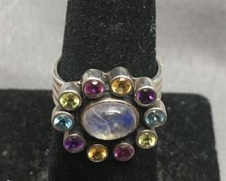 Designer NB Large Gemstone Inlaid Sterling Silver Chunky Ring Size 8