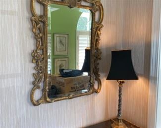 #82 - wood carved mirror and #83 buffet lamp